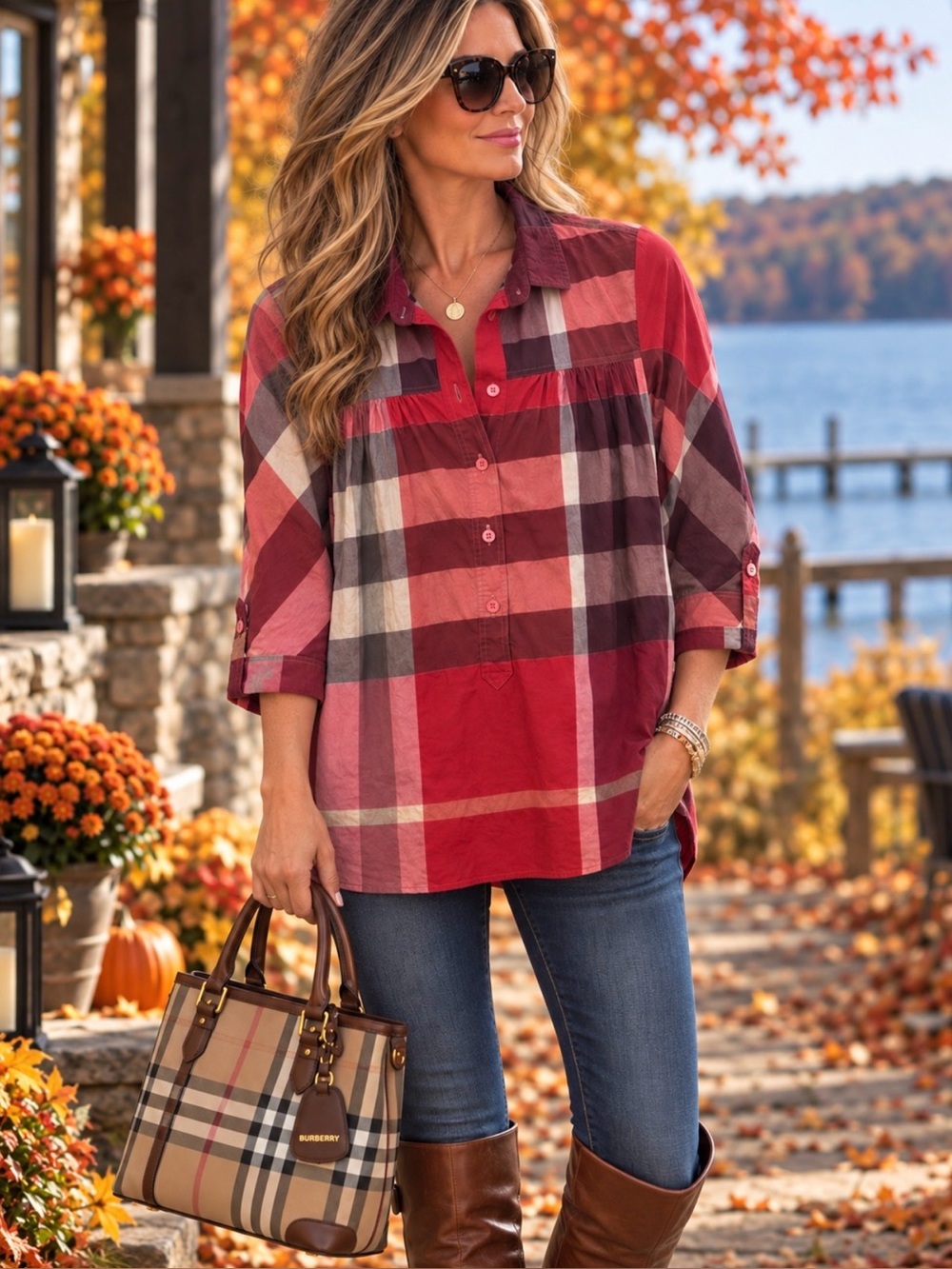 Burberry Red and Pink Plaid Button-Down tunic blouse
